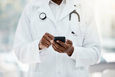 Buy stock photo Doctor, hand and phone browsing the internet for medical reseacrch in a healthcare clinic for medicine. Wifi, social media and online search of cardiologist for examination treatment or cure  