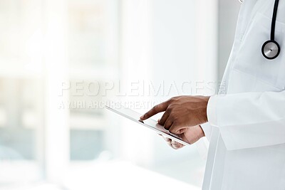 Buy stock photo Doctor, hands and tablet in healthcare research, diagnosis or prescription for medical results at the hospital. Hands of professional GP working on touchscreen for health telecommunication at clinic