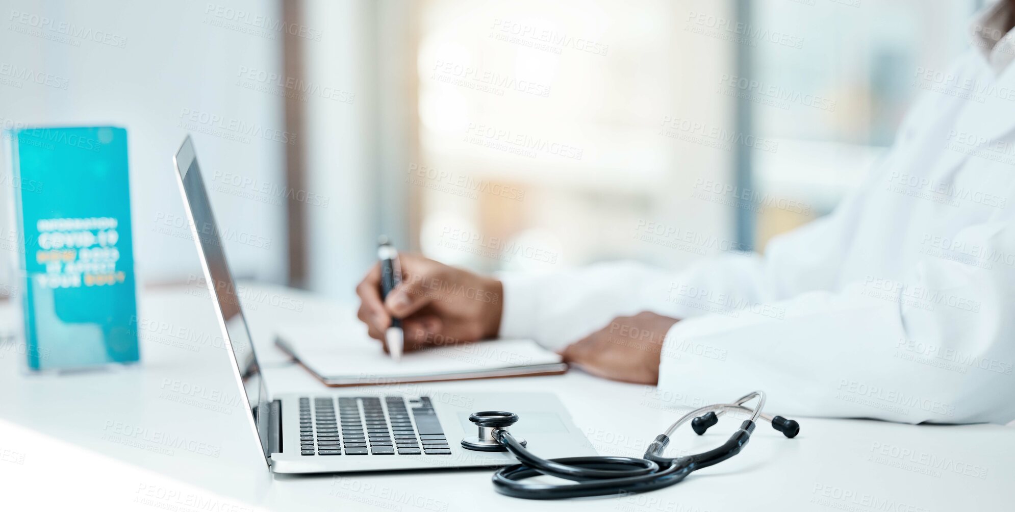 Buy stock photo Doctor, hands and writing prescription by laptop for healthcare, telecommunication or consultation at the hospital. Hand of professional medical expert taking notes in a book for record or diagnosis