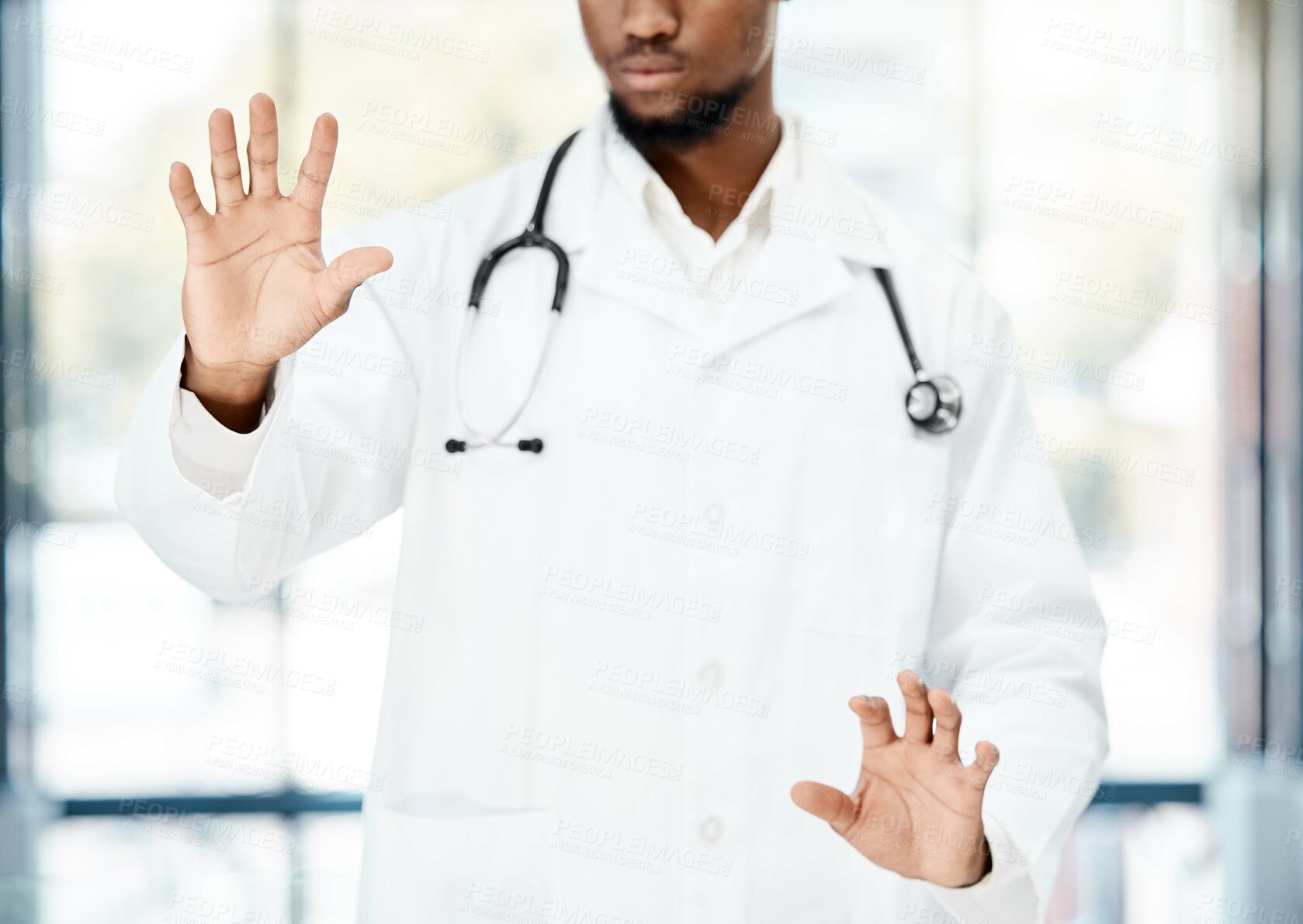 Buy stock photo Hands, healthcare and us with a black man doctor using a touchscreen interface in the hospital for diagnosis. Ai, future and medical with a male medicine professional working on a clinic dashboard