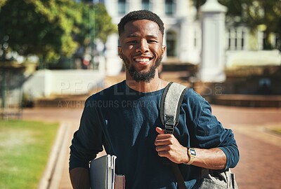 Buy stock photo Education, campus and university portrait of student with books, backpack and ready for study, school or learning. Knowledge commitment, scholarship and studying black man happy at college building