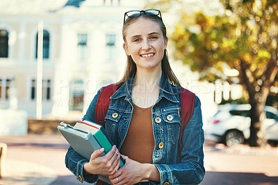 Buy stock photo Education, campus and college portrait of student with books, backpack and ready for back to school learning. Scholarship study, knowledge commitment and studying woman happy at university building