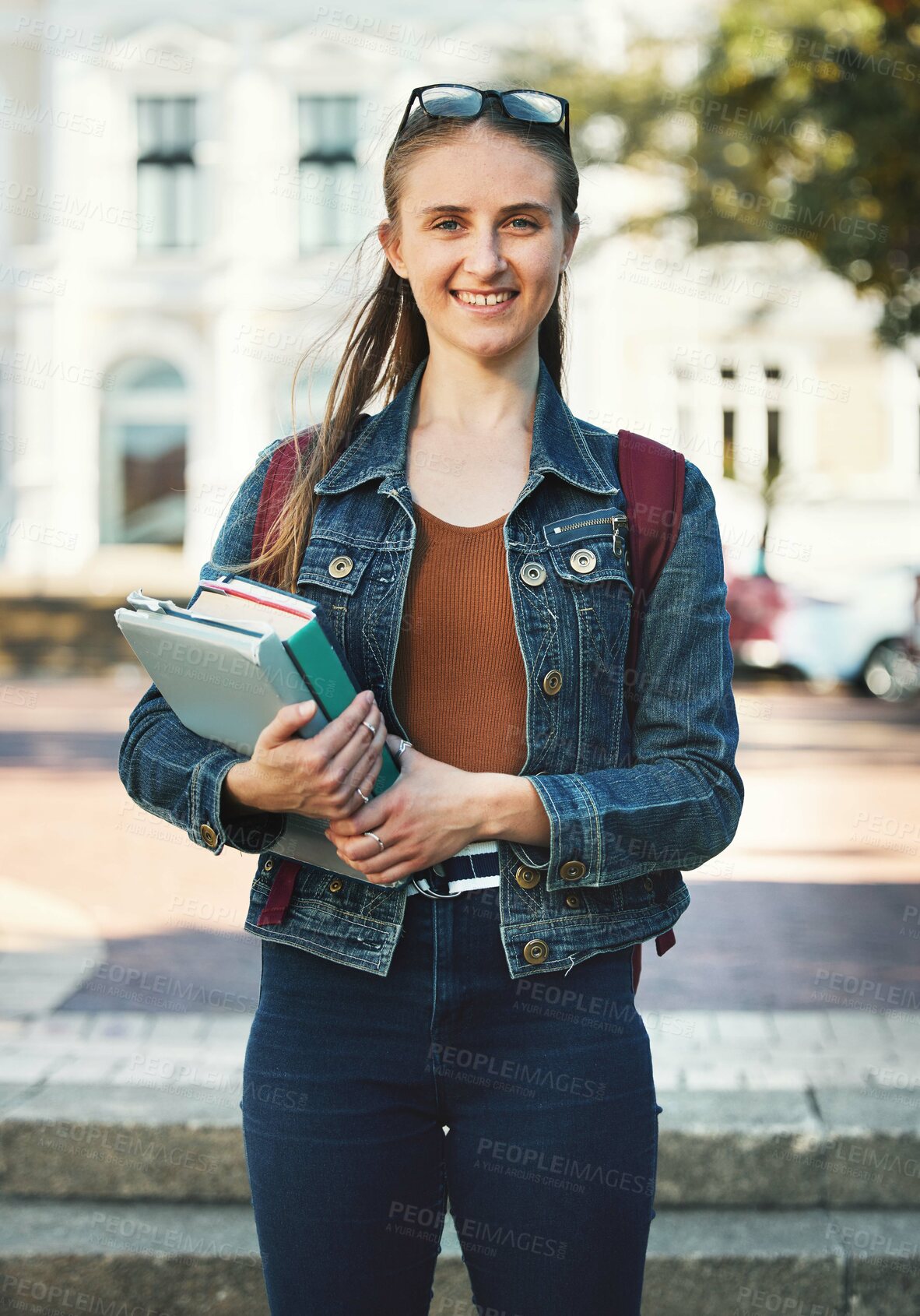 Buy stock photo Portrait, woman student or holding books with smile, confident or ready for class studies. Course, young female or girl stand with journals, novels or happy for lesson, trendy or outdoor to relax