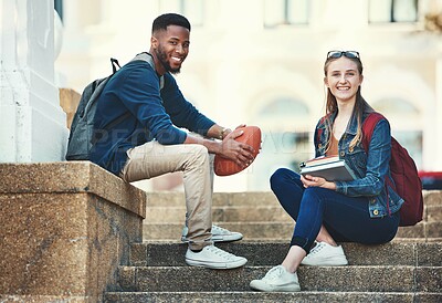 Buy stock photo Education, campus friends and diversity students relax before college lecture class, learning or study course. University, knowledge and school portrait of woman and black man on football scholarship