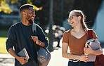 Education, diversity friends and students walking to college lecture class, school campus and talking on fun journey. University study, communication and learning black man and woman happy on travel