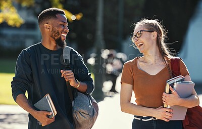 Buy stock photo Education, diversity friends and students walking to college lecture class, school campus and talking on fun journey. University study, communication and learning black man and woman happy on travel