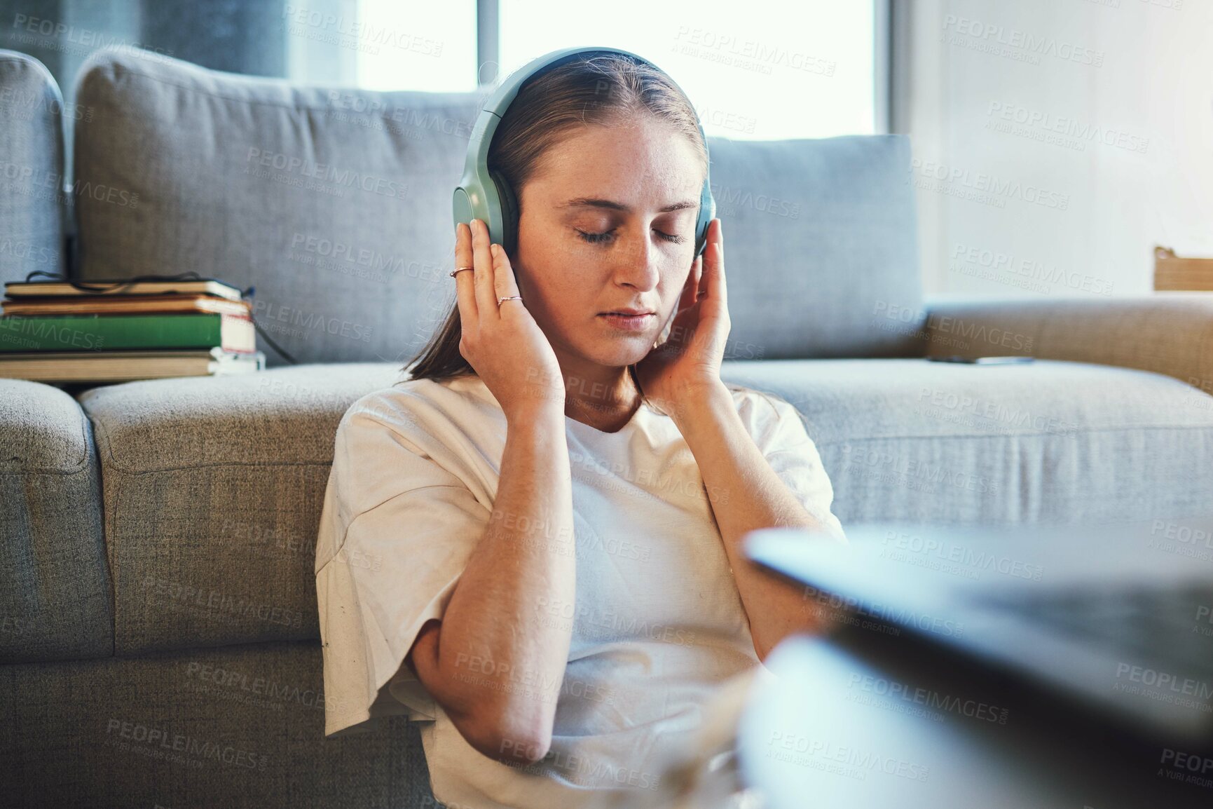 Buy stock photo Student, stuyding and headphones for relax, mental health and wellness music for higher education. Girl, university student and break from studies for education and knowledge and comfort