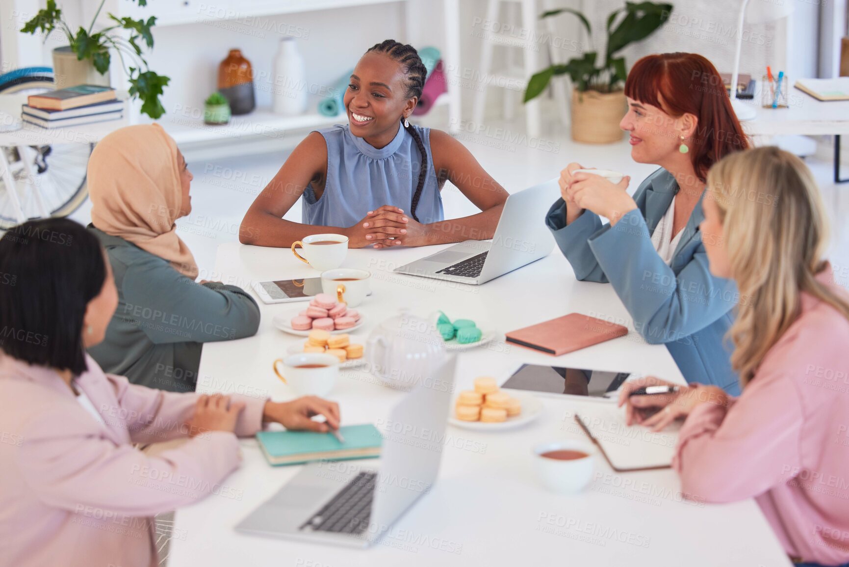 Buy stock photo Business people, diversity and meeting or social discussion in team building, planning or ideas at the office. Happy group of creative employee workers enjoying team conversation in business strategy