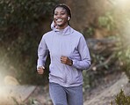 Black woman, running and outdoor for exercise, training or fitness for health, wellness or smile. Jamaican female, healthy athlete or runner in nature, workout or practice for power, energy or cardio