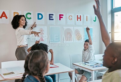 Buy stock photo Diversity, education and teacher with class, question and learning for child development, growth and smile. Black woman, educator and children with answers, prepare for test, exam and conversation