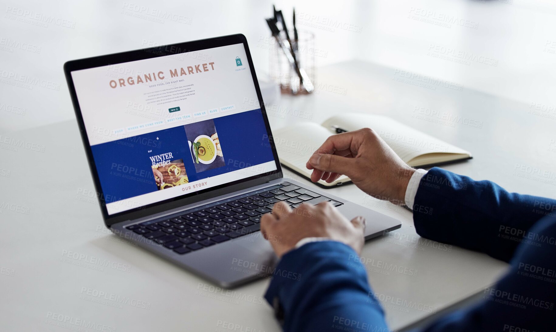 Buy stock photo Online shopping menu, laptop and person hands reading screen for food delivery, restaurant webdesign or web store. About us, organic nutrition market and healthy customer decision on website homepage