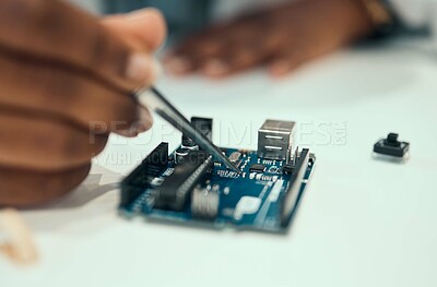 Buy stock photo Hands, engineering and hardware with person in laboratory for research, monitor and programming. Technology, data and microchip with closeup of scientist for electrician, maintenance and cpu system