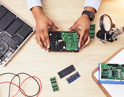 Buy stock photo Motherboard, microchip and hands from above with electric maintenance of circuit board. Developer, IT and dashboard for electrical hardware update and technician tools for information technology