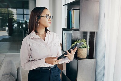 Buy stock photo Businesswoman in office with glasses, tablet and thinking of email, schedule and online HR report feedback. Internet website, networking and ideas on digital app, woman at human resources agency.