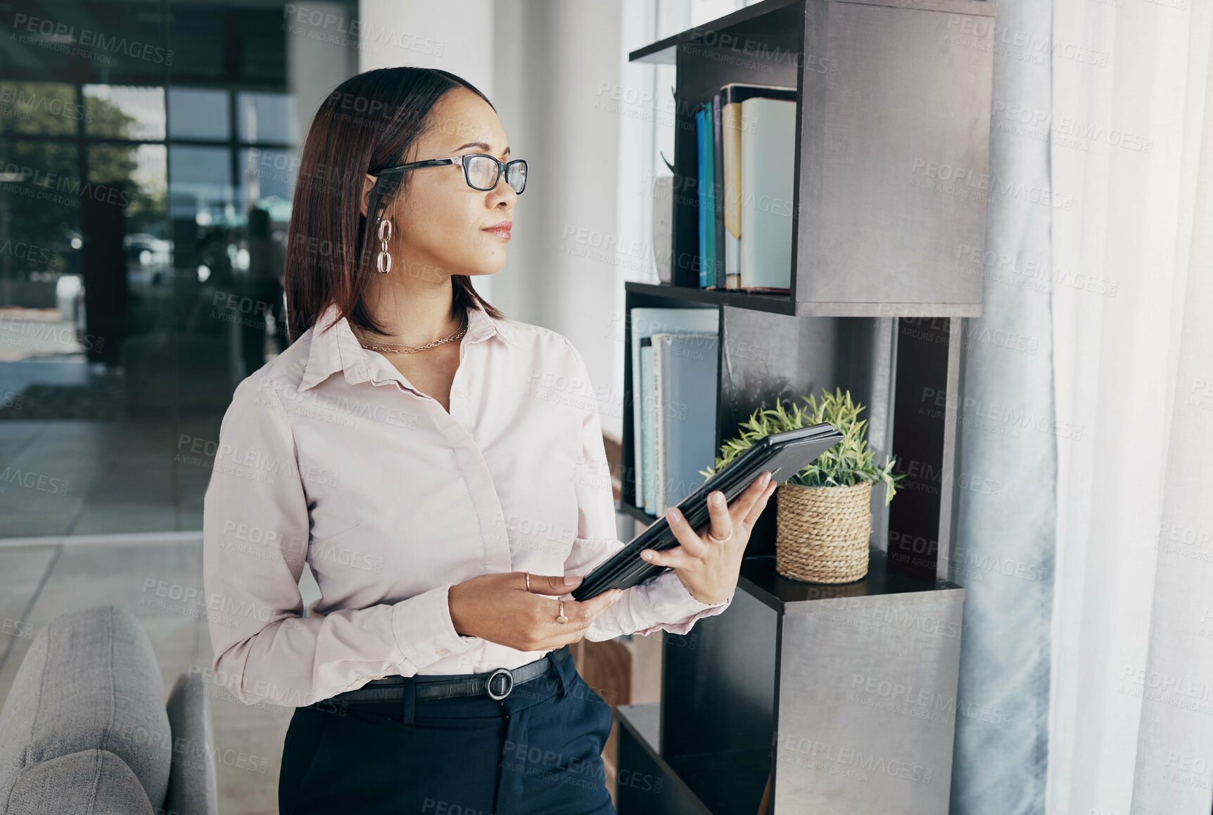 Buy stock photo Businesswoman in office with glasses, tablet and thinking of email, schedule and online HR report feedback. Internet website, networking and ideas on digital app, woman at human resources agency.