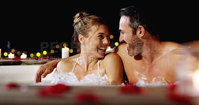 Buy stock photo Happy couple, night and pool with date for honeymoon vacation or luxury holiday together at resort. Man, woman or lovers enjoying water with hot tub in late evening for love, romance or getaway