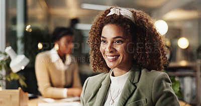 Buy stock photo Smile, professional and night with business woman in office for career, planning and global market advisor. Corporate, proposal deadline and research with employee in finance agency for overtime