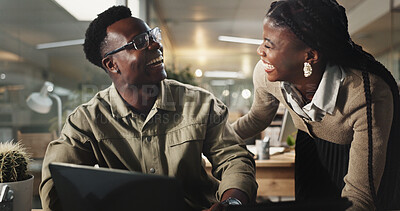 Buy stock photo Web developer, people and laptop with laughing in working late for teamwork at office as coworkers. Woman, man and tech for collaboration, project and together in digital agency for online navigation