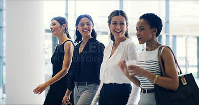 Buy stock photo Business women, lawyers and walking at law firm with taking, conversation or discussion. Female people, colleagues and diversity as attorney for teamwork, together or collaboration in office building