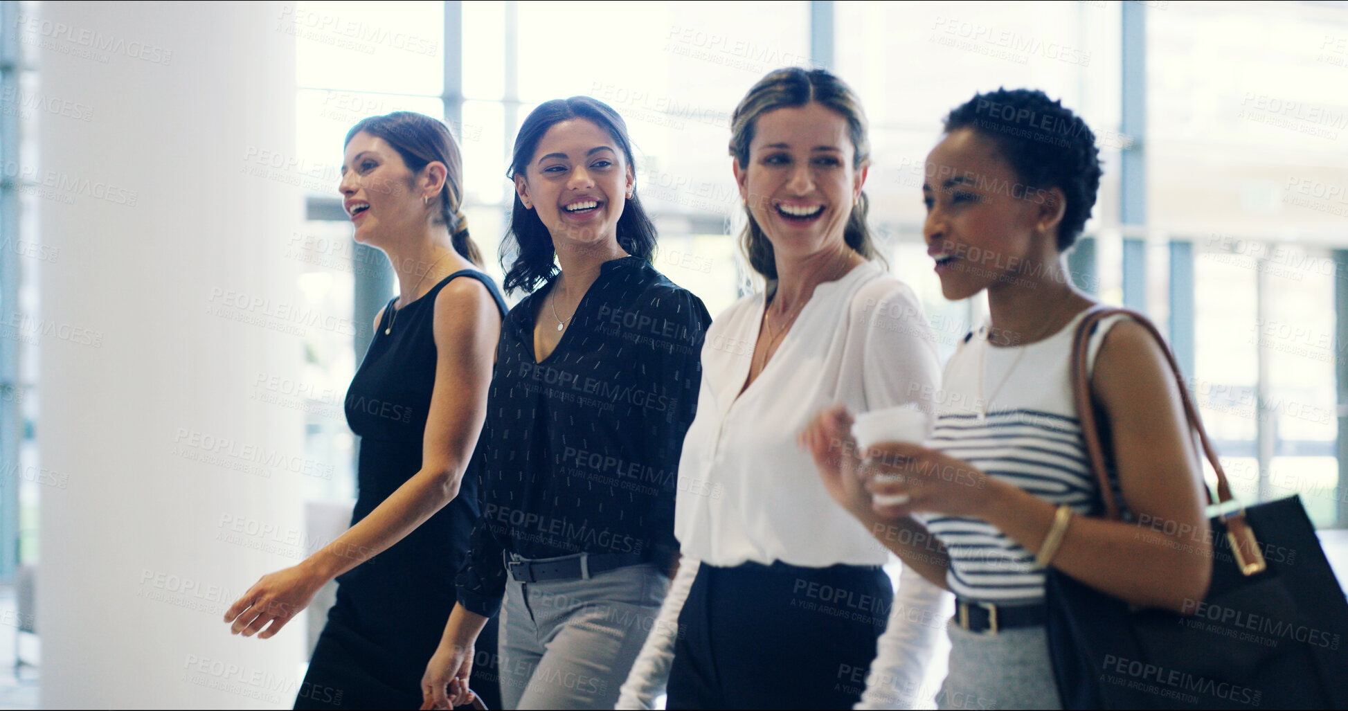 Buy stock photo Business women, lawyers and walking at law firm with taking, conversation or discussion. Female people, colleagues and diversity as attorney for teamwork, together or collaboration in office building