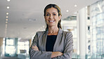 Arms crossed, smile and portrait of business woman at convention for keynote speaker, confidence or pride. Seminar, networking expo and corporate venture with person for  professional and opportunity