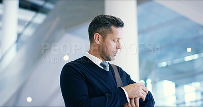 Buy stock photo Man, checking and wrist watch for time management, business meeting and career at law firm. Male person, travel and punctual with schedule as attorney for deadline, running late and waiting in office