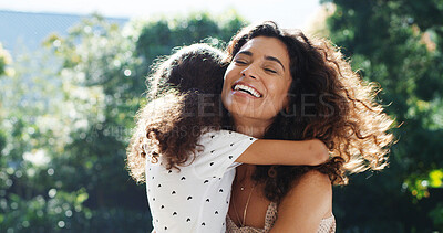 Buy stock photo Happy mother, daughter and outdoor hug for care, laughing and bonding together in nature. Family, mom and child embrace in backyard garden of home, support and trust mama for security in relationship