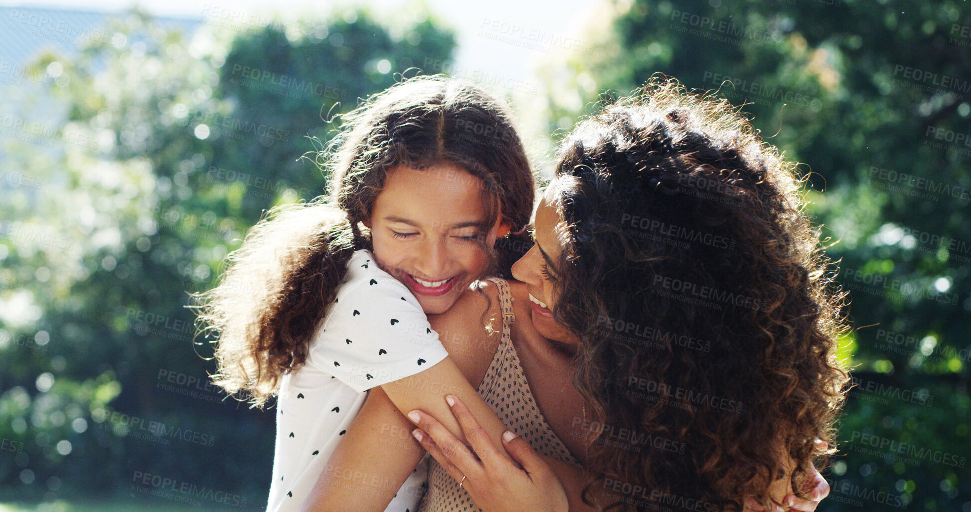 Buy stock photo Happy mother, daughter and outdoor for playful hug, laugh and bonding together in nature. Family, mom and child embrace in backyard garden of home, support and trust mama for security in relationship