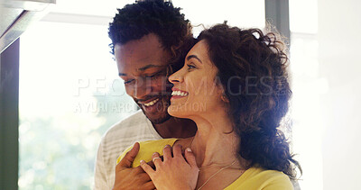 Buy stock photo Couple, hug and love conversation in home, support and happiness for security in relationship. People, commitment and care for romantic partnership, embrace and together for communication in marriage