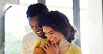 Couple, hug and love affection in home, support and happiness for security in relationship. People, commitment and care for romantic partnership, embrace and together for connection in marriage