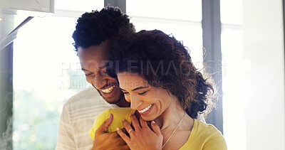 Buy stock photo Couple, hug and love affection in home, support and happiness for security in relationship. People, commitment and care for romantic partnership, embrace and together for connection in marriage