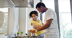 Happy couple, home and cooking for dinner, meal prep or bonding together as excited for love. Woman, man and romance in kitchen with affection, support or care in relationship as partner in apartment