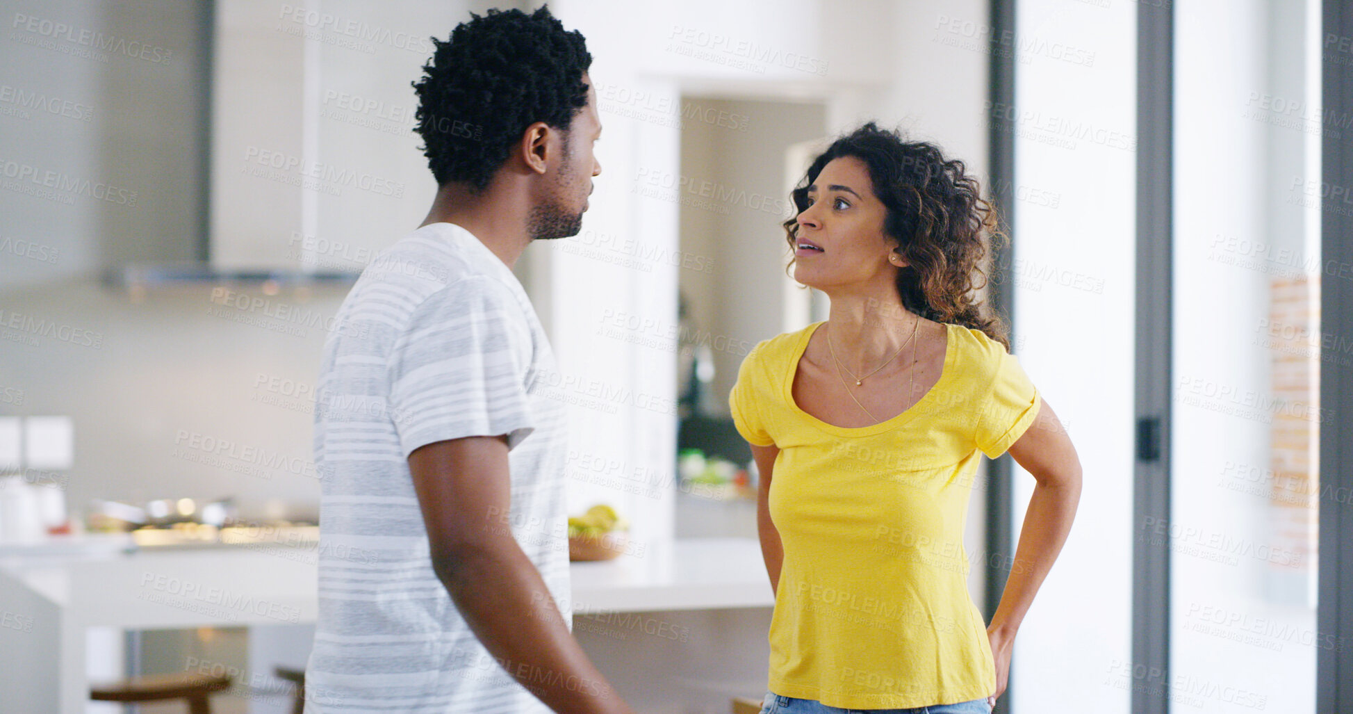 Buy stock photo Couple, fight and angry in toxic relationship as unhappy in argument, disagreement and talking in home. Woman, man and yell in lounge with marriage, upset and break up for conflict, mistake and trust