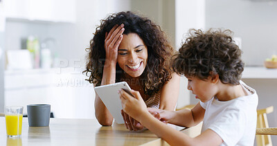 Buy stock photo Mother, tablet and child for education, elearning and studying for future and knowledge. Boy, student and kitchen for teaching, homework or support for home school or development with assessment