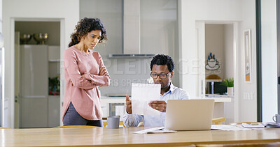 Buy stock photo Interracial couple, documents and laptop with eviction notice for financial crisis, bills or home expenses. Worried, man and woman with paperwork or computer for missed payment, mortgage or report