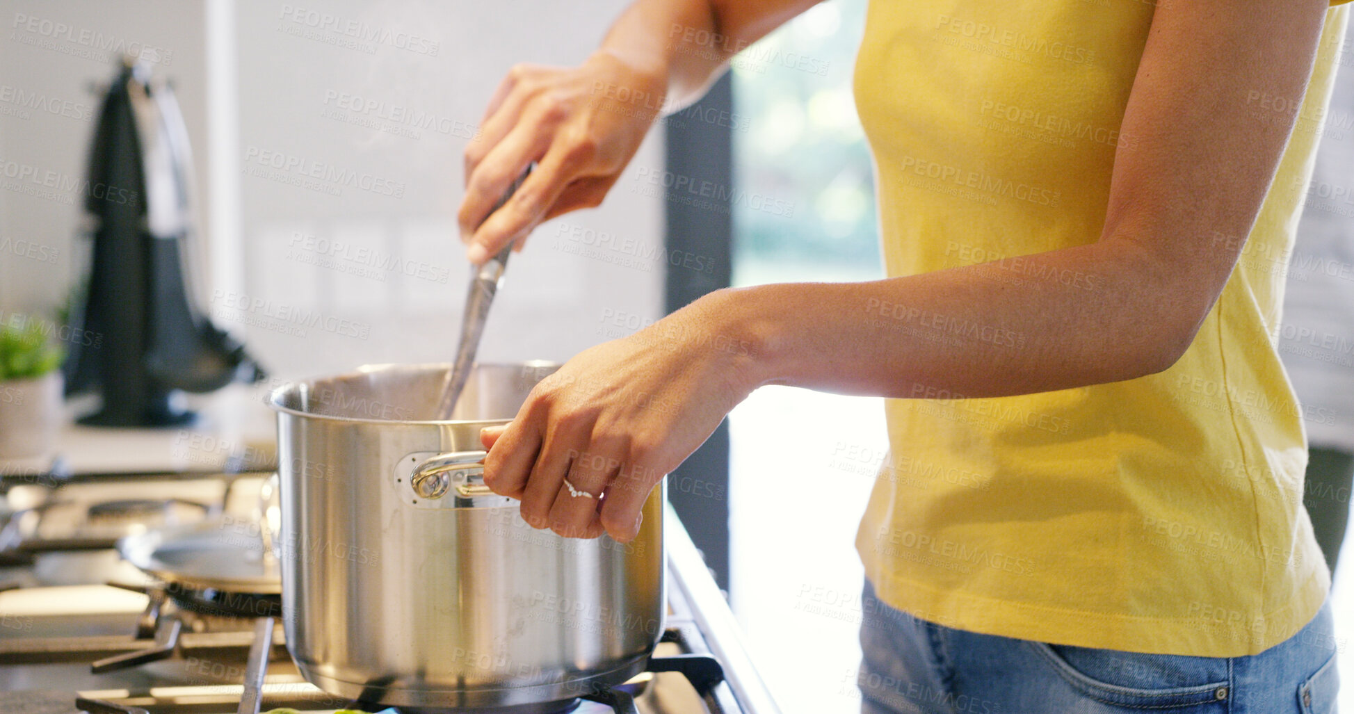 Buy stock photo Hands, woman and cooking food in pot for healthy diet, nutrition or meal prep for lunch in home. Kitchen, utensil and person on gas stove with recipe for dinner, wellness or stir for culinary cuisine