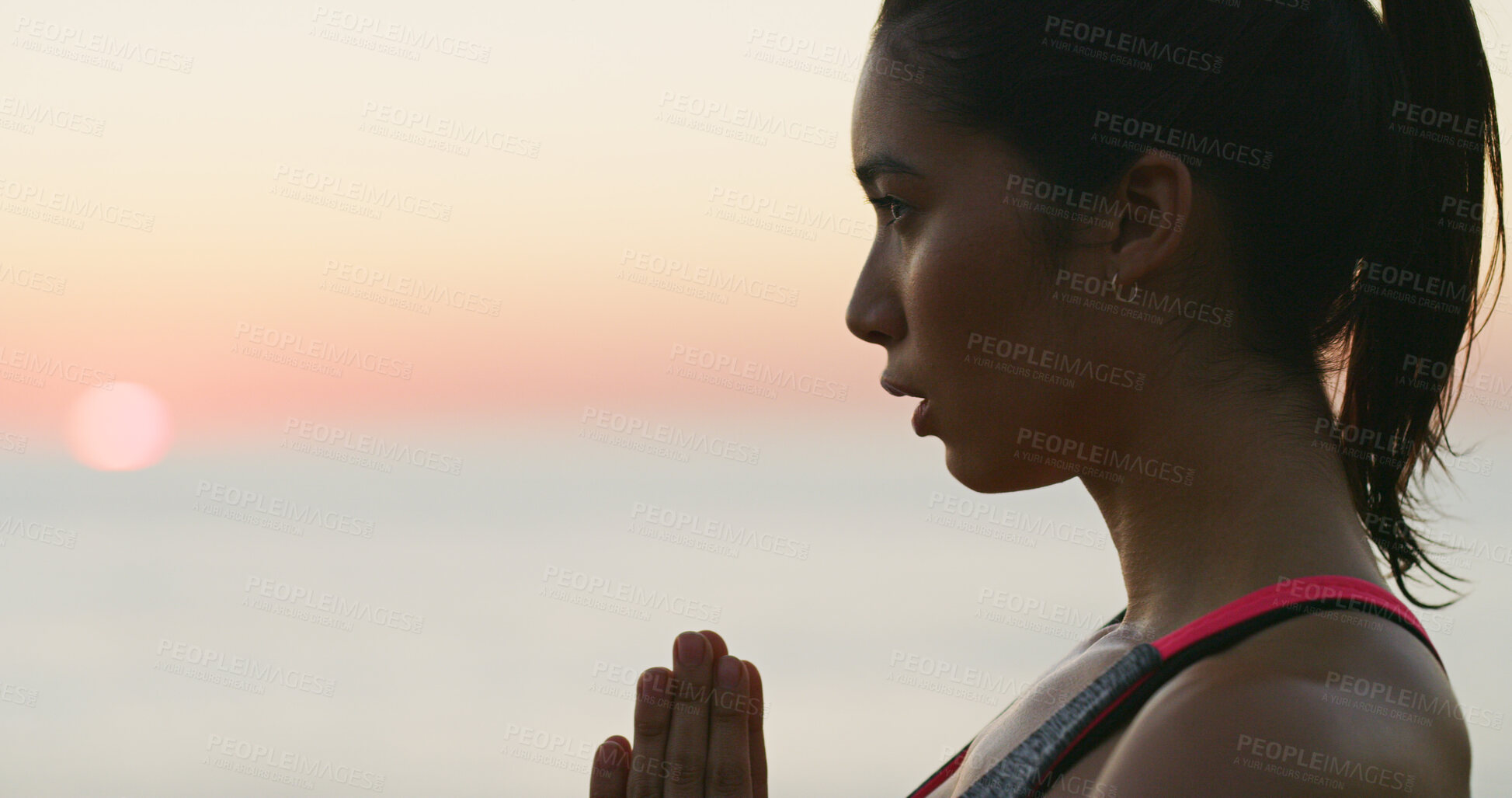 Buy stock photo Woman, sunset and meditation with yoga at ocean for spiritual fitness, mindfulness and holistic healing. Athlete girl, mindset and pilates peace with mental health, self care and wellness with space