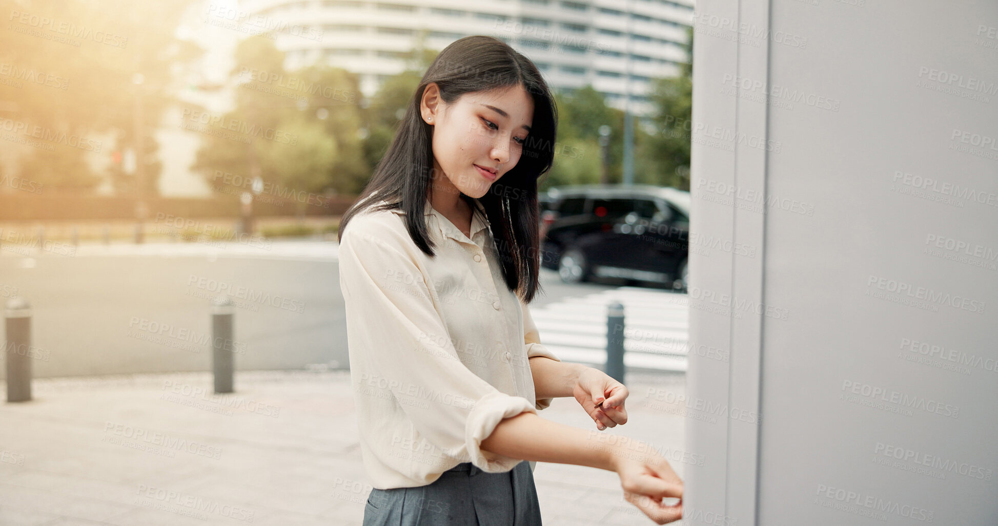 Buy stock photo Asian woman, vending machine or city with coin for choice, selection or snack on sidewalk. Japan, female person or local shopper with self service station, vendor or shop dispenser for option in town