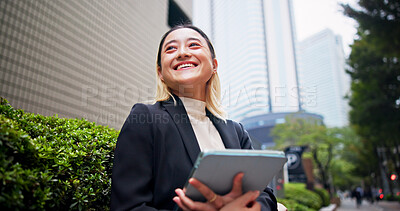 Buy stock photo Tablet, city and Japanese woman with thinking, morning and tech of lawyer below. Smile, digital and happy employee for urban commute to work with technology, travel and trip in Tokyo with idea