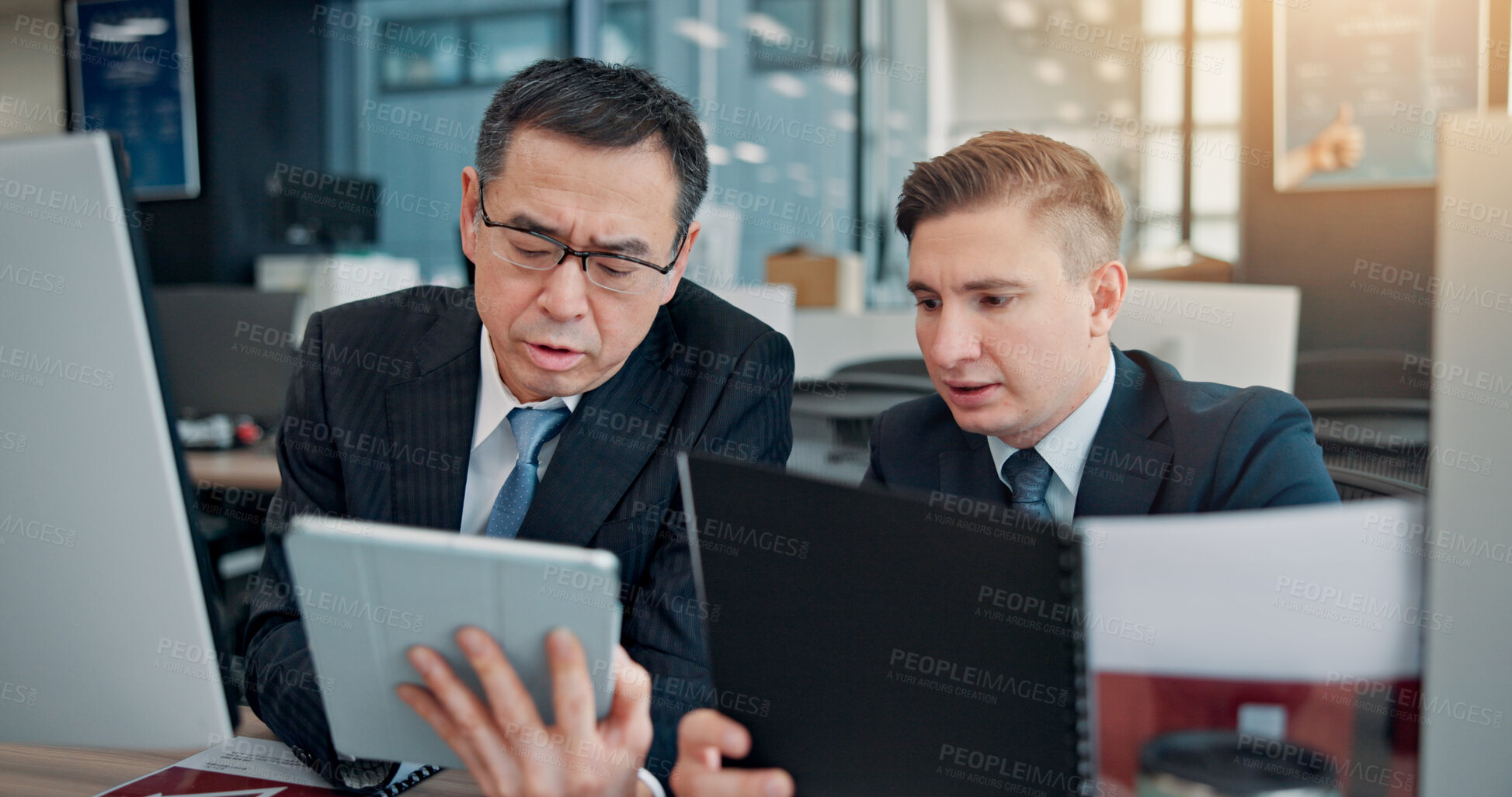 Buy stock photo Collaboration, computer and tablet with business people in office for coaching or development. Internship, job shadow or research with mentor and employee at work in Japan for company orientation