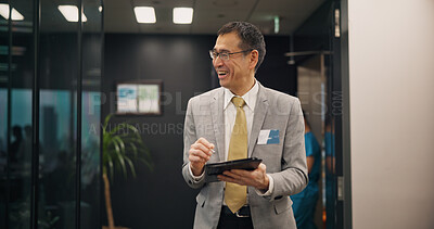 Buy stock photo Idea, laughing and tablet with business man in office for management, planning or research. Funny, technology and thinking with happy, mature Japanese person in corporate workplace for career