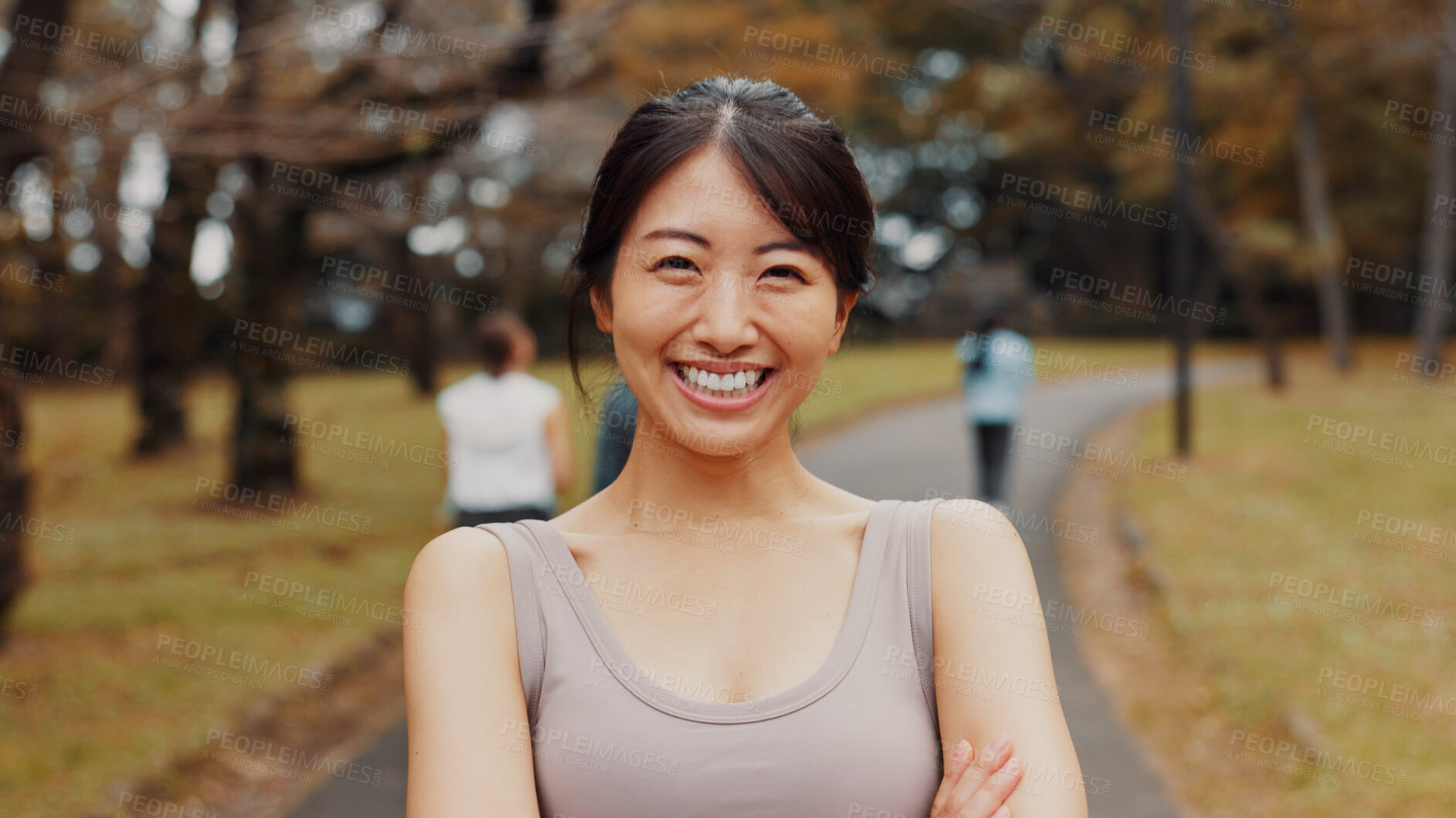 Buy stock photo Runner, crossed arms and portrait of woman in nature for fitness, health and wellness exercise. Outdoor, happy and athlete with confidence for cardio workout with marathon training in park in japan.