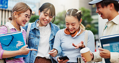 Buy stock photo Students, people and laughing with smartphone on campus for social media meme, streaming funny video or online news. Japanese university, friends or phone for internet gossip, learning break or relax