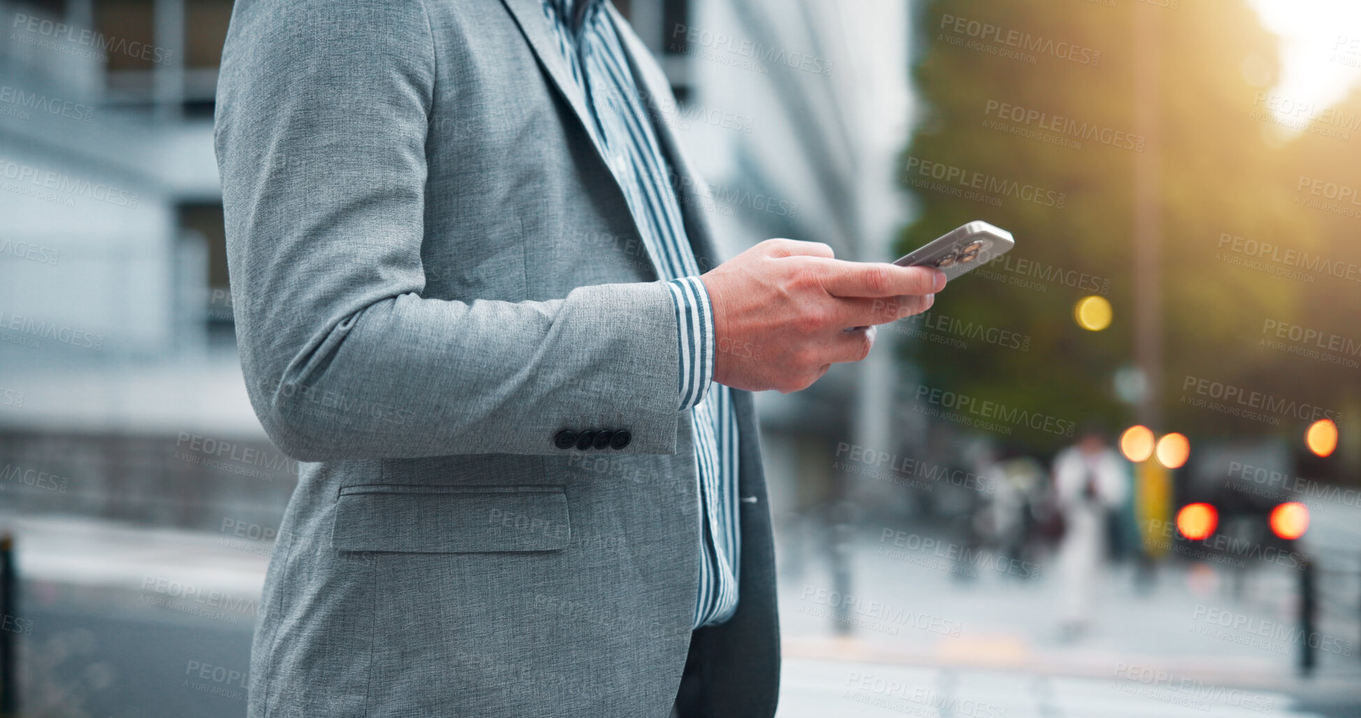 Buy stock photo Business, hands and typing with smartphone in street for mobile chat, location search or online travel booking. Professional, person or phone in urban town for checking trip information in Japan city