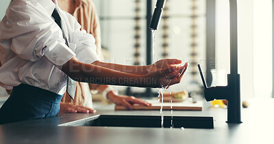 Buy stock photo Home, parent and girl with washing hands in kitchen for hygiene, germs and bacteria. Apartment, people and kid as family with water at sink for dirt removal with support, care and wellness routine