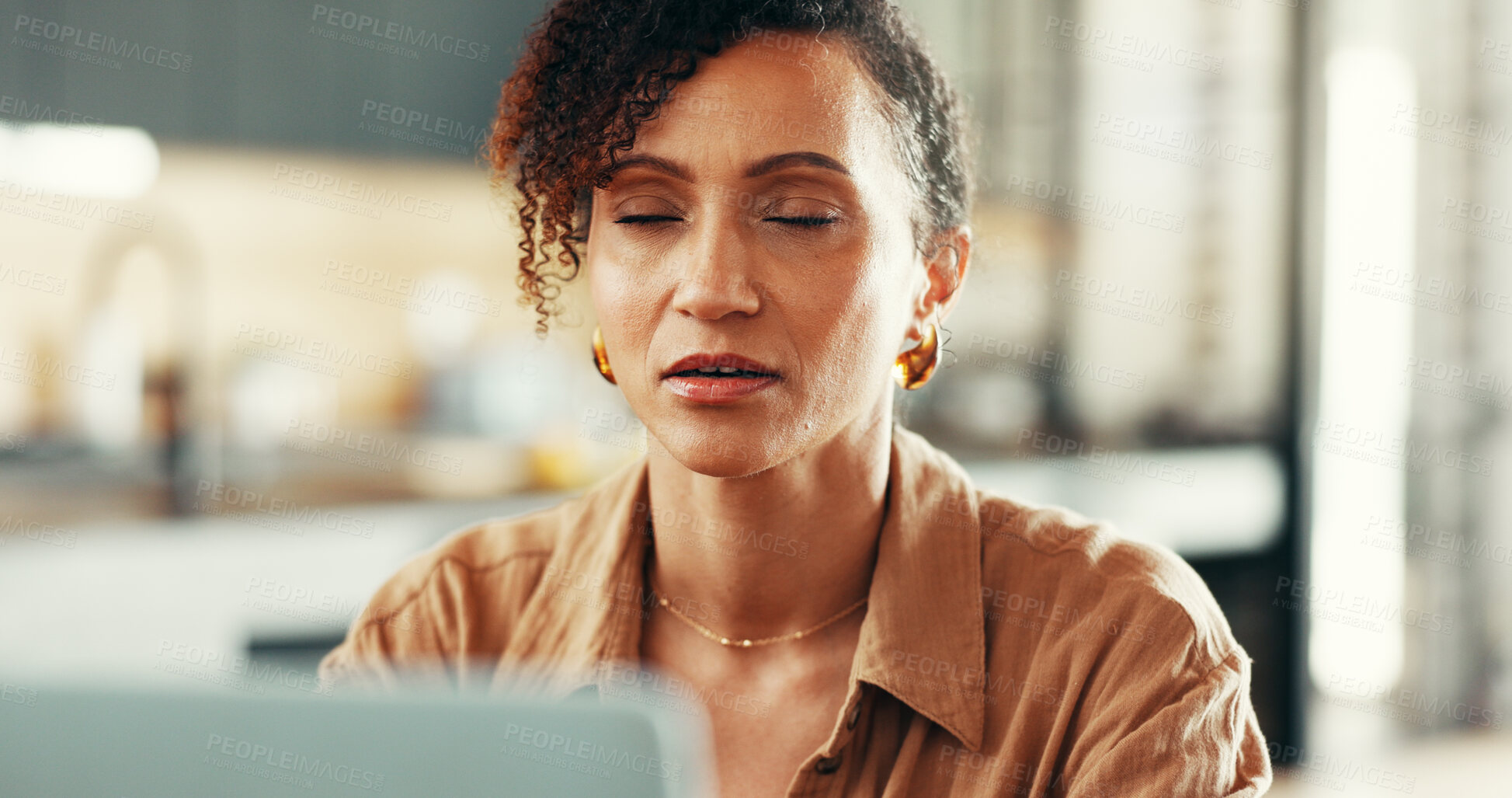 Buy stock photo Woman, tired and stress in home office for deadline, technical glitch or software malfunction. Female person, frustrated and anxiety as freelance copywriter in digital agency, remote work and project