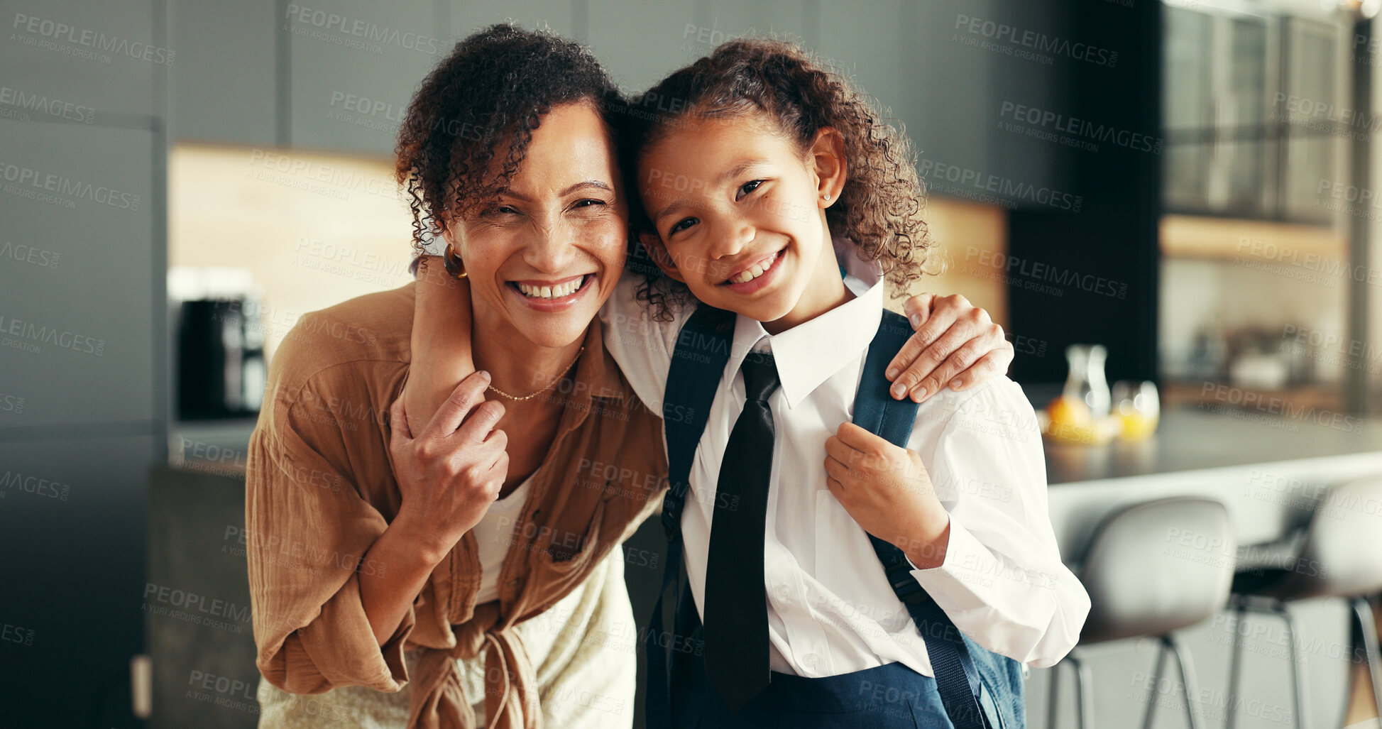 Buy stock photo Mom, girl and happy in school uniform in home on portrait for elementary education in Mexico. Apartment, people and parent with kid first day with pride, joy and smile for child development or growth