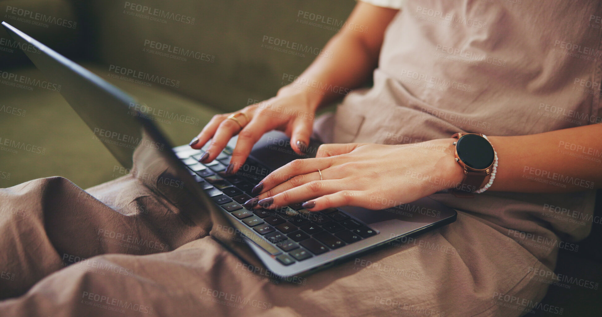 Buy stock photo Hands, typing and laptop with woman on sofa for social media, reading blog and streaming service. Networking, email and search with closeup of person in living room at home for online and website
