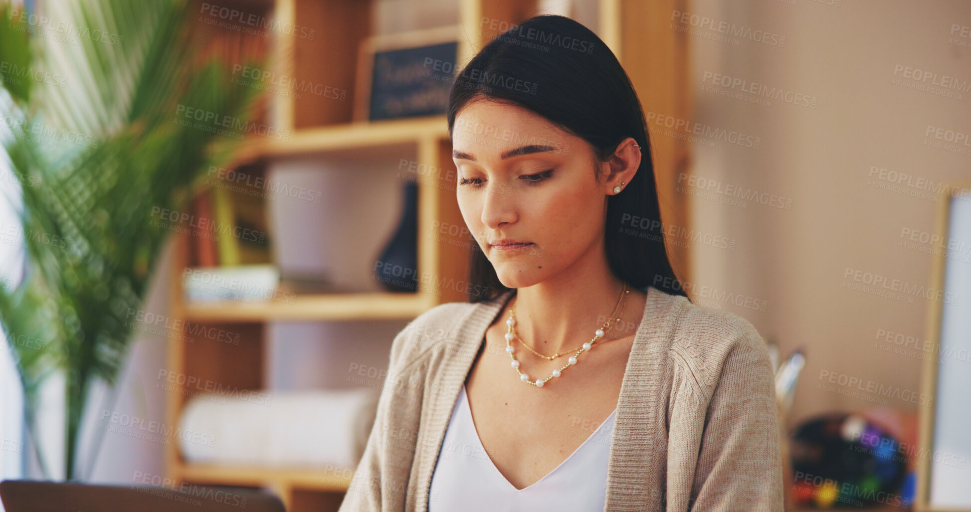 Buy stock photo Remote work from home, research and woman with computer, online reading and connection. Entrepreneur, copywriting and freelancer with laptop, website info and email for feedback, project and planning