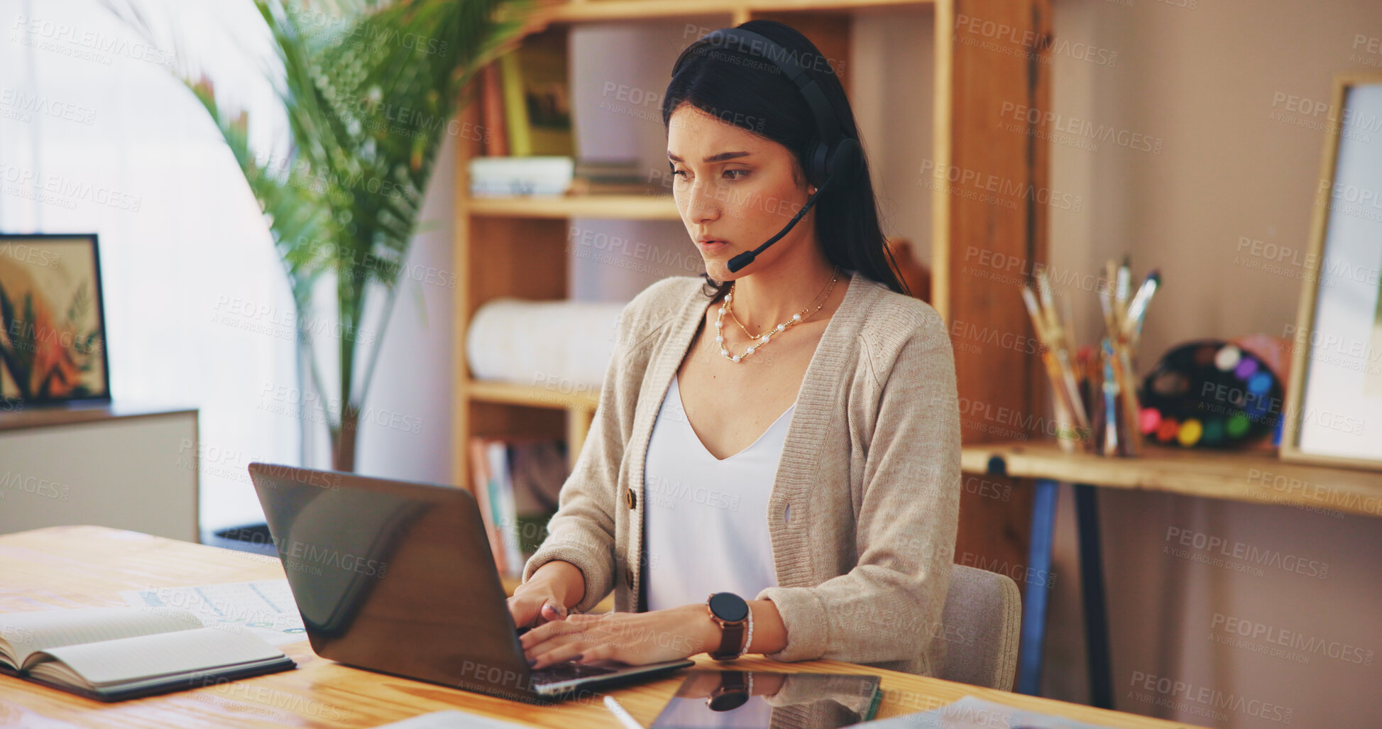 Buy stock photo Woman, consultant and artist with laptop or headset for online class, elearning or content creation at home. Female person, agent or art tutor with mic or computer for virtual classroom or education